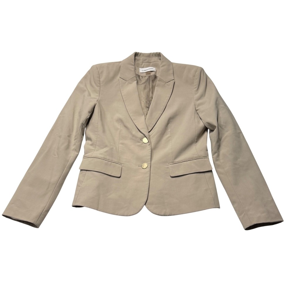 Calvin Klein Womens Tan Beige Two Button Blazer Jacket Gold Buttons Size 6